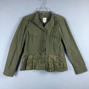 Gap Military Canvas Utility Jacket Womens Size Small Peplum Ruffle Hem Green